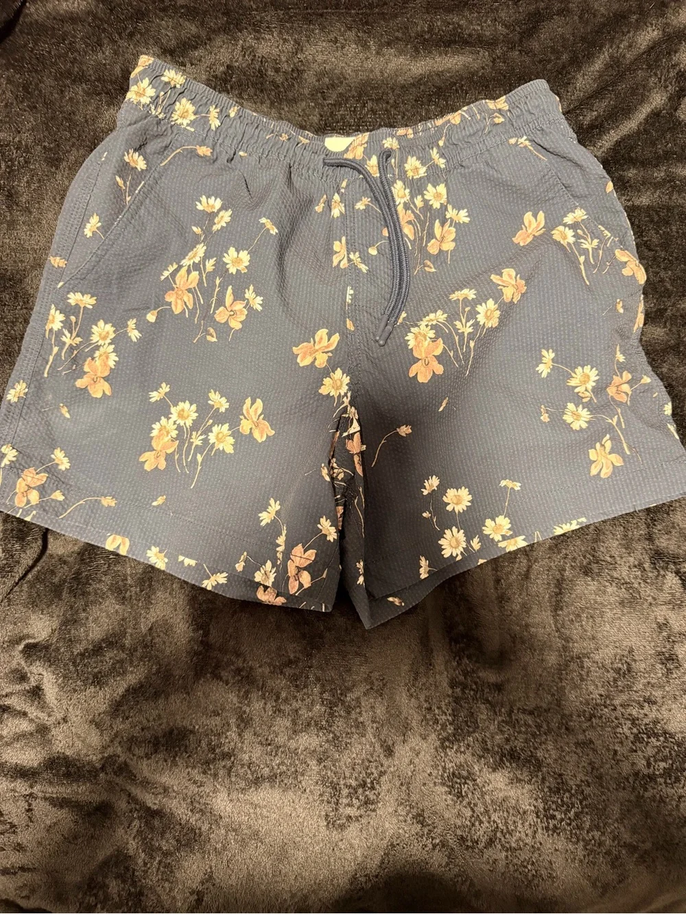 American Eagle Outfitters Navy Floral Print Swim Trunks with Yellow Flowers